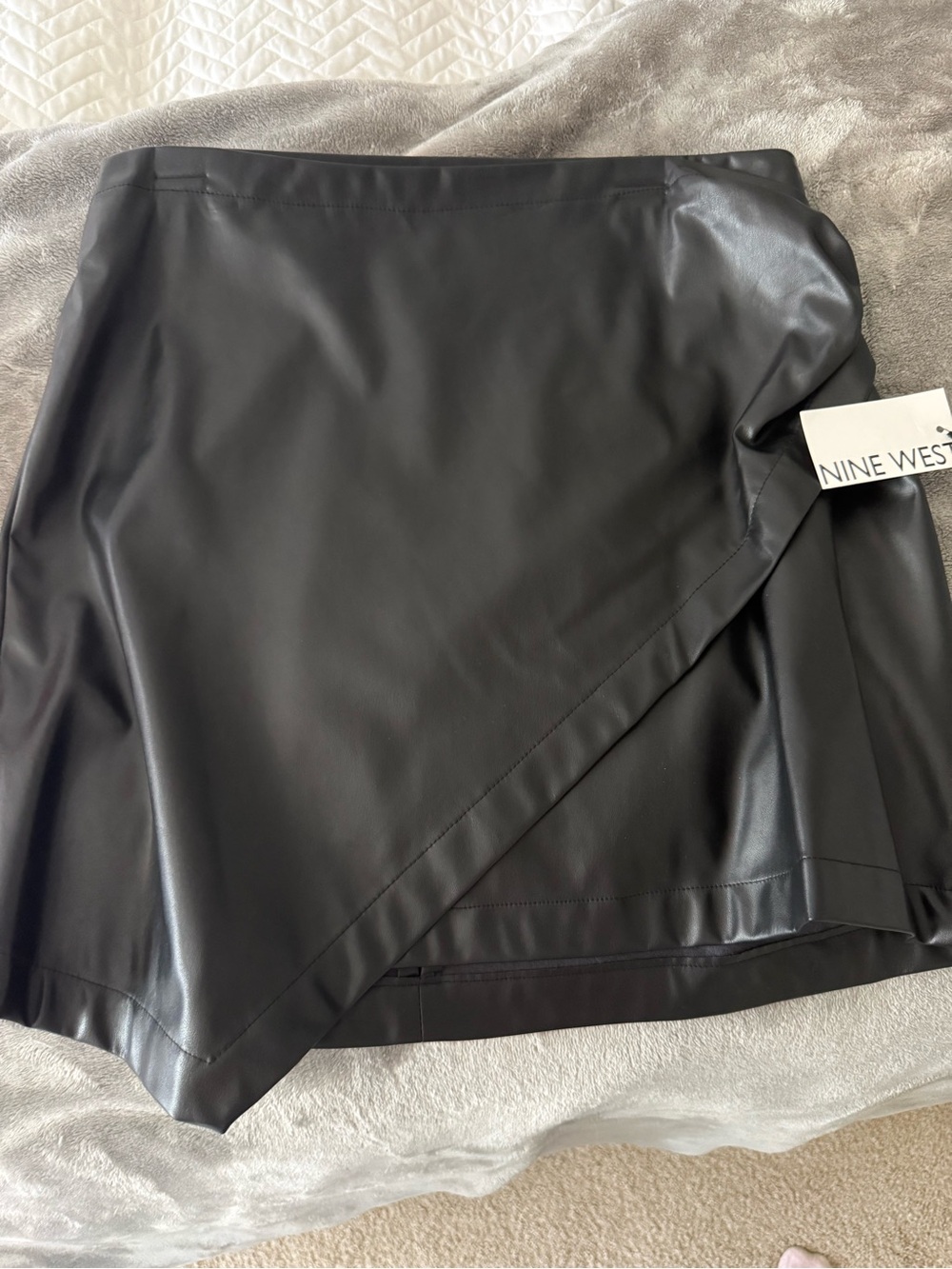 Nine West Black Faux Leather Wrap-Front Mini Skirt